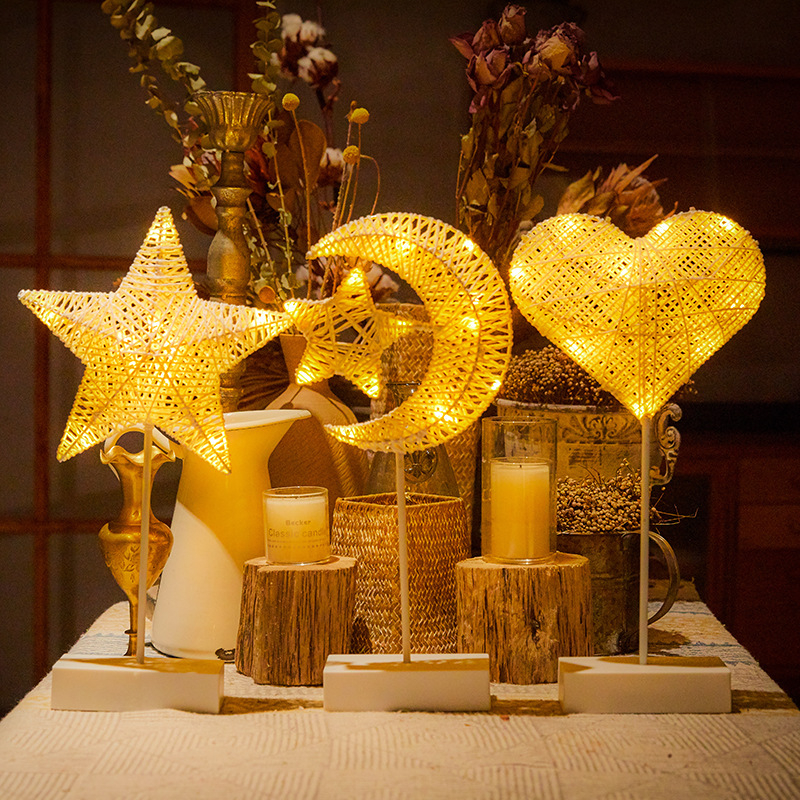 LED small night lamp rattan weaving stars love star moon modeling room bedroom decoration lamp ins table lamp